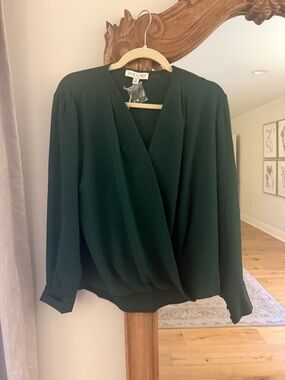 She + Sky Forest Green Draped V-Neck Blouse